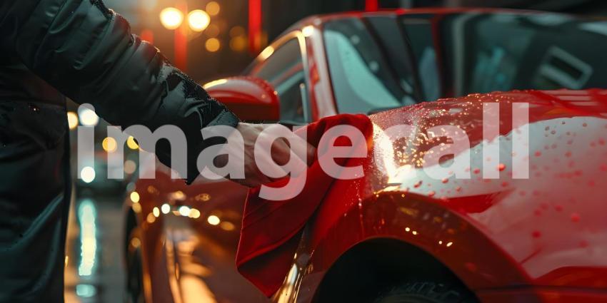 Man hand holding microfiber cloth polishing car background - Ai Generated