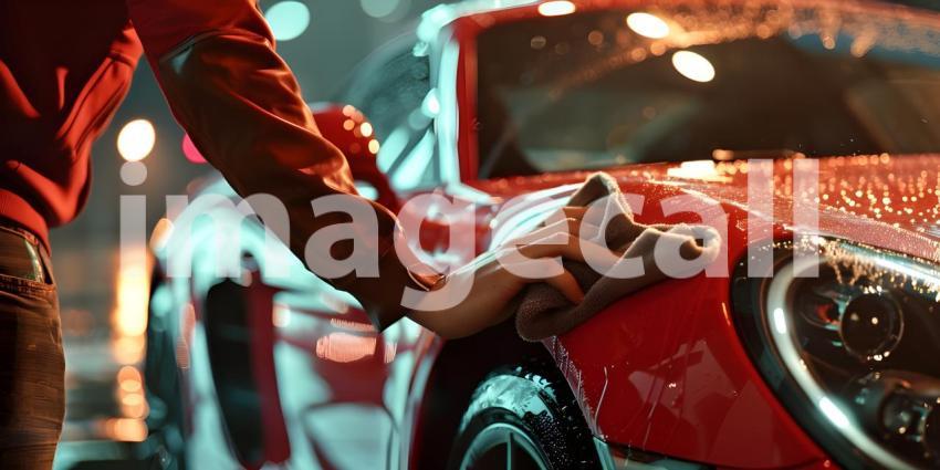 Man hand holding microfiber cloth polishing car background - Ai Generated