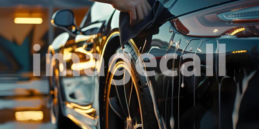 Man hand holding microfiber cloth polishing car background - Ai Generated