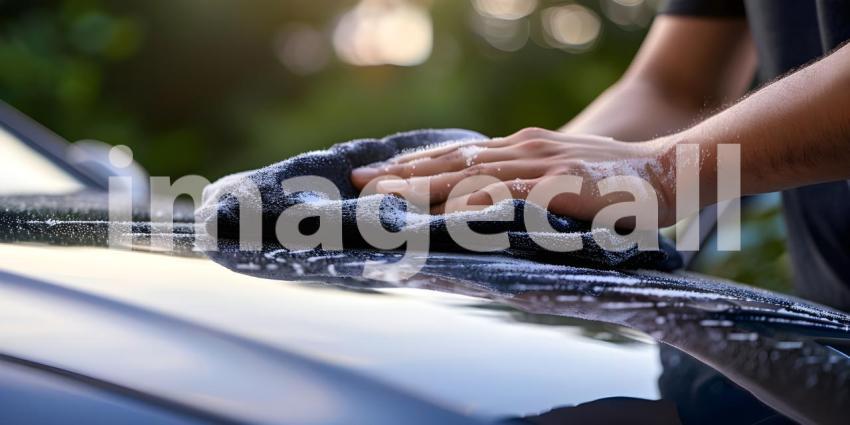 Man hand holding microfiber cloth polishing car background - Ai Generated