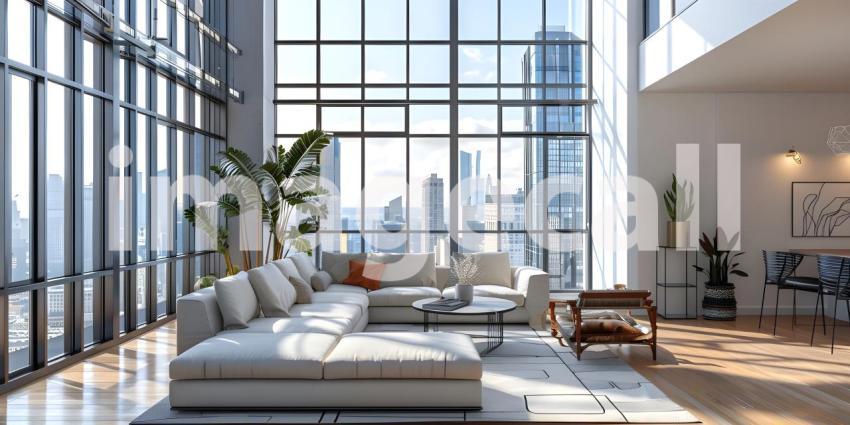 Modern apartment with colored windows and light background - Ai Generated