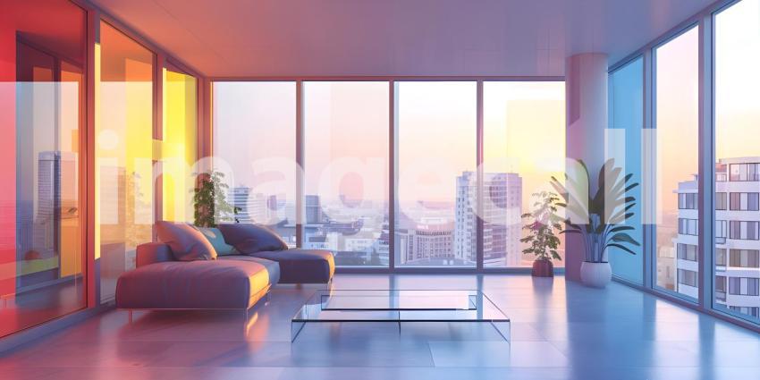 Modern apartment with colored windows and light background - Ai Generated