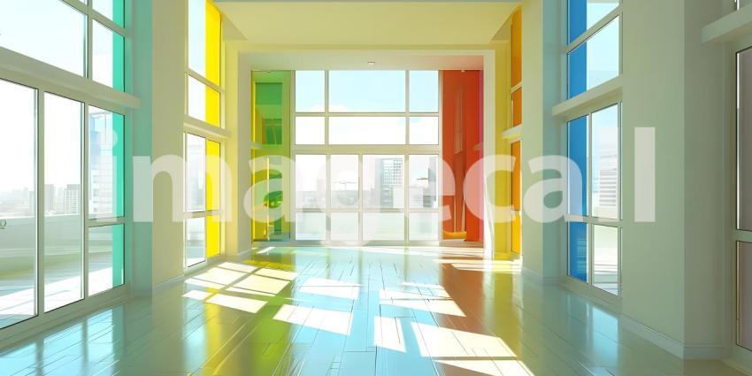 Modern apartment with colored windows and light background - Ai Generated