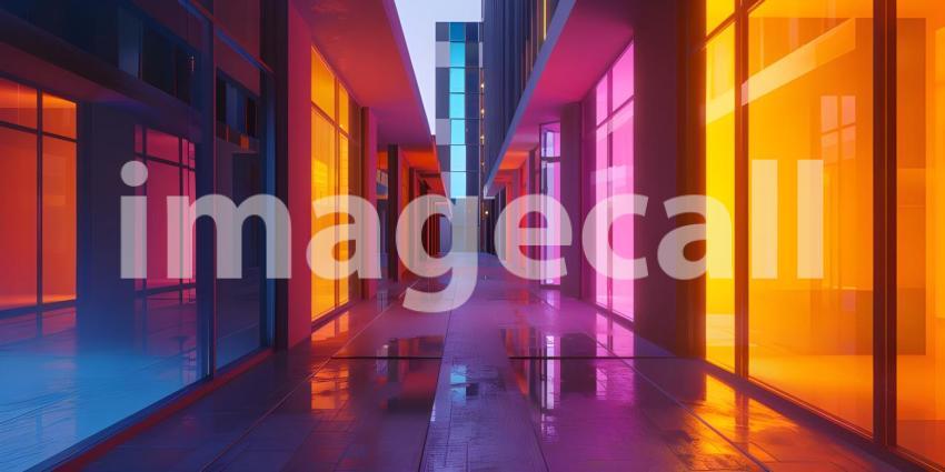 Modern apartment with colored windows and light background - Ai Generated