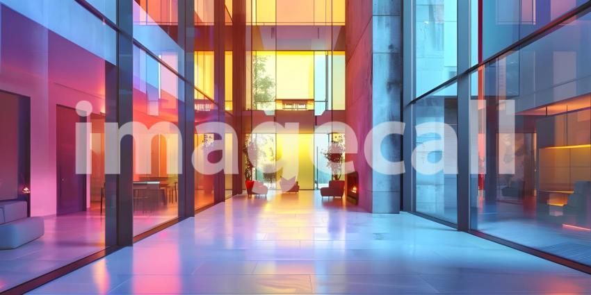 Modern apartment with colored windows and light background - Ai Generated