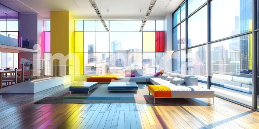 Modern apartment with colored windows and light background - Ai Generated