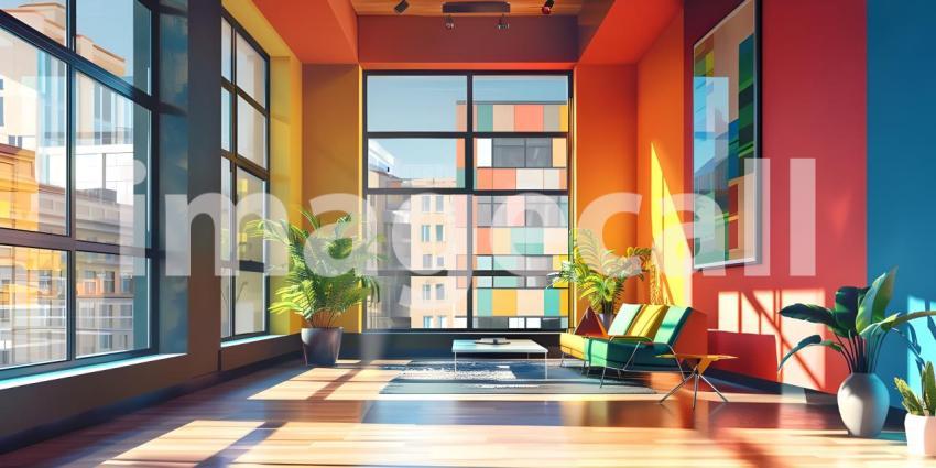 Modern apartment with colored windows and light background - Ai Generated