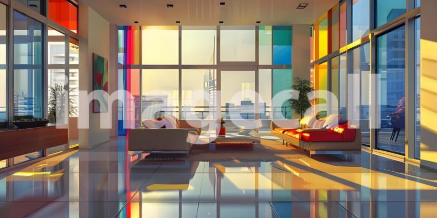Modern apartment with colored windows and light background - Ai Generated