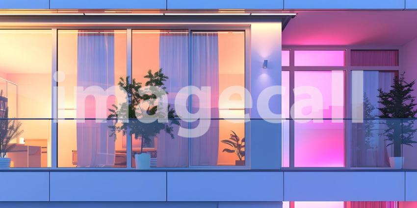 Modern apartment with colored windows and light background - Ai Generated