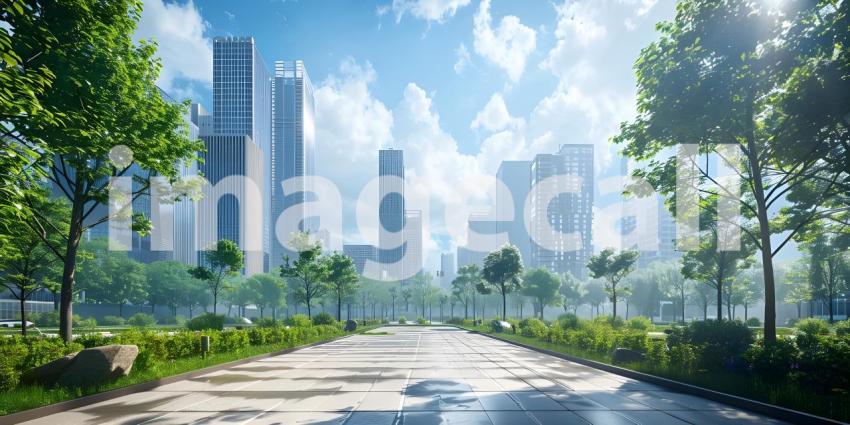 Green lawn with city skyscrapers background - Ai Generated
