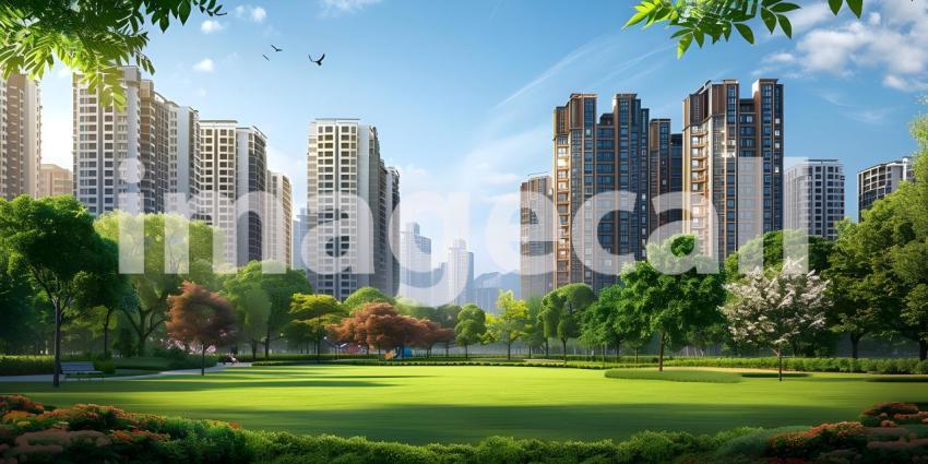 Green lawn with city skyscrapers background - Ai Generated