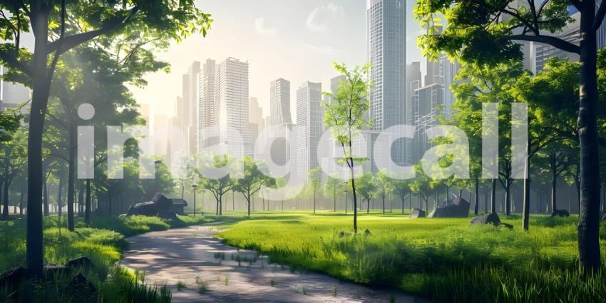Green lawn with city skyscrapers background - Ai Generated