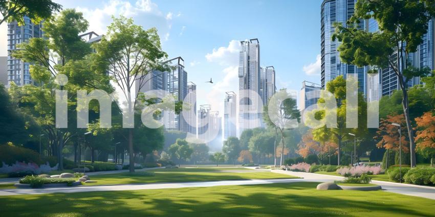 Green lawn with city skyscrapers background - Ai Generated