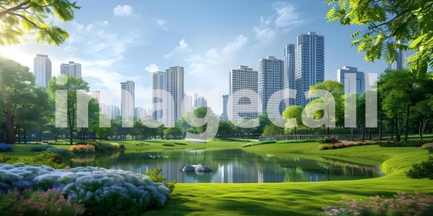 Green lawn with city skyscrapers background - Ai Generated