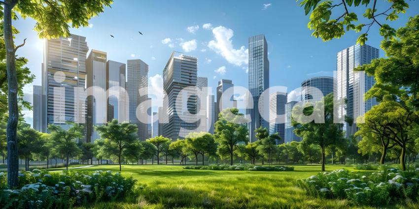 Green lawn with city skyscrapers background - Ai Generated