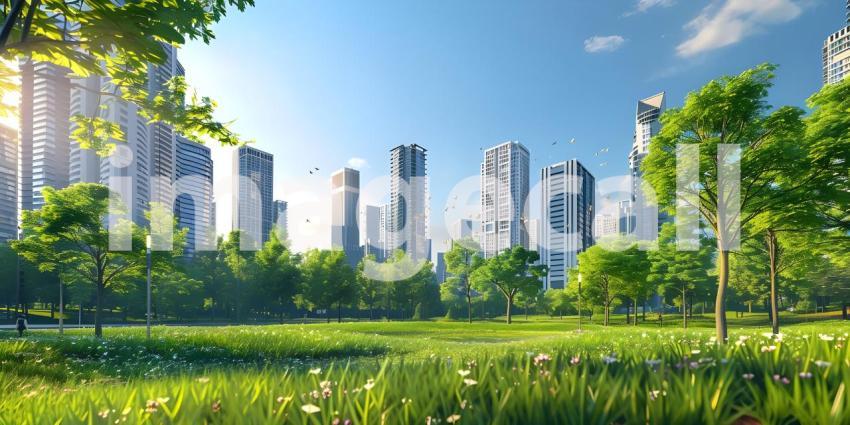 Green lawn with city skyscrapers background - Ai Generated