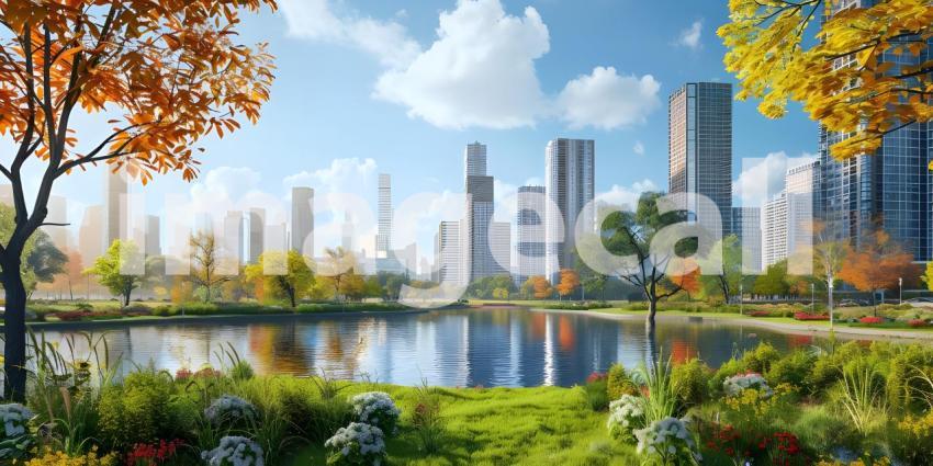 Green lawn with city skyscrapers background - Ai Generated