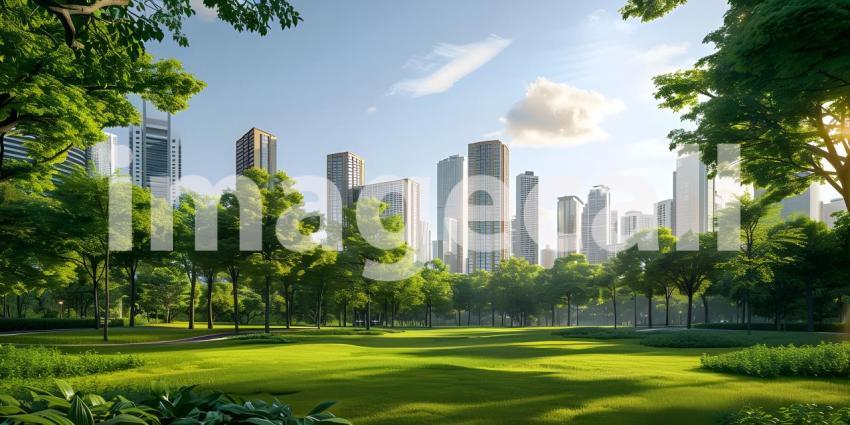 Green lawn with city skyscrapers background - Ai Generated