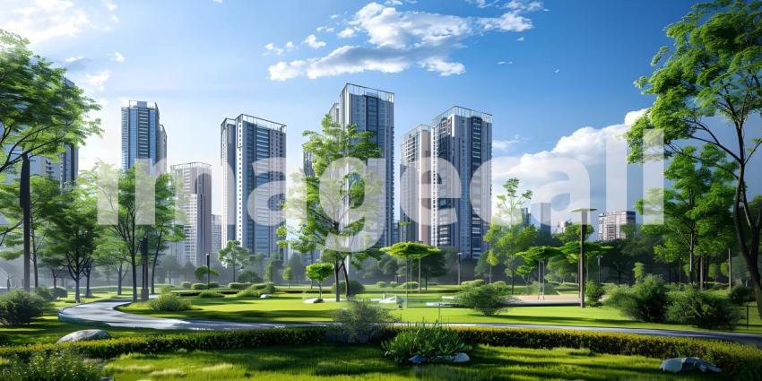 Green lawn with city skyscrapers background - Ai Generated