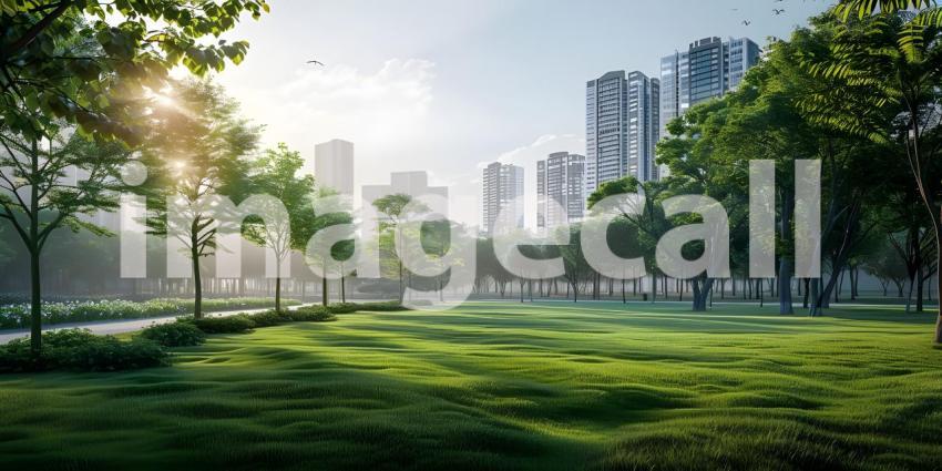 Green lawn with city skyscrapers background - Ai Generated