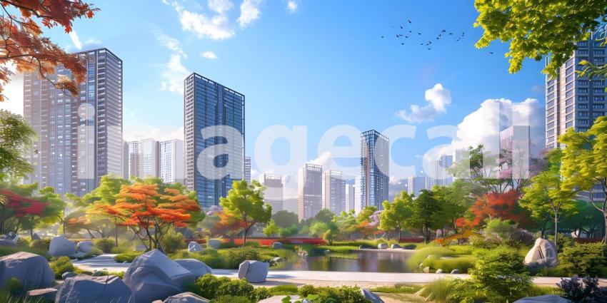 Green lawn with city skyscrapers background - Ai Generated