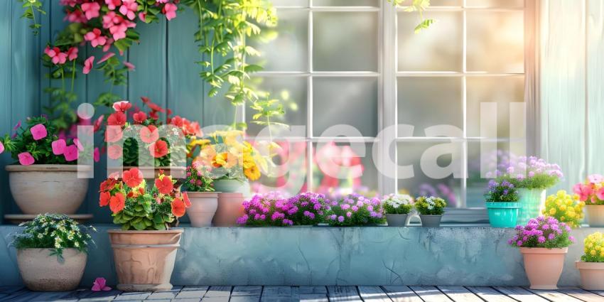 House decorated with with blooming flower pots in a sunny day background - Ai Generated