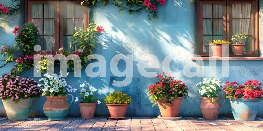House decorated with with blooming flower pots in a sunny day background - Ai Generated