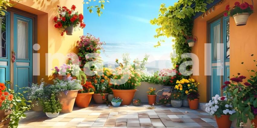 House decorated with with blooming flower pots in a sunny day background - Ai Generated