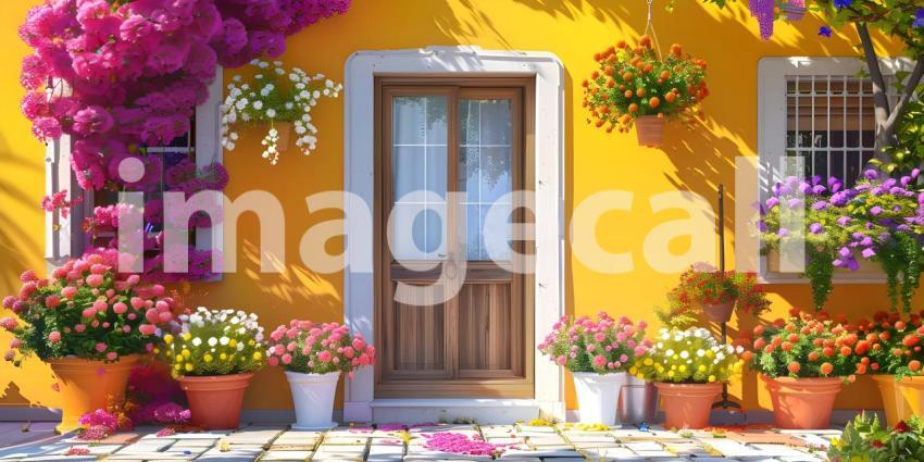 House decorated with with blooming flower pots in a sunny day background - Ai Generated
