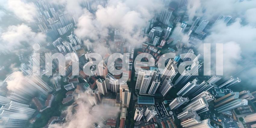Impressive aerial top view of the city with clouds background - Ai Generated