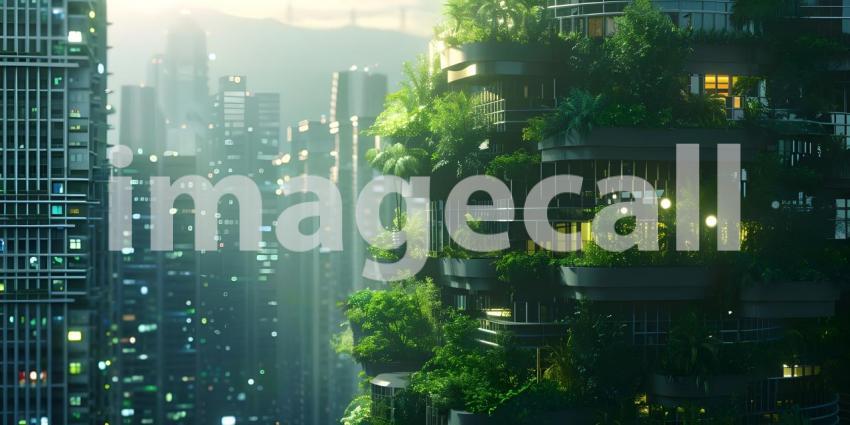 Innovative Green Architecture with Dense Plant Life on Skyscraper background - Ai Generated