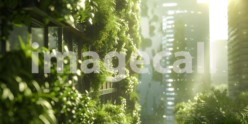 Innovative Green Architecture with Dense Plant Life on Skyscraper background - Ai Generated