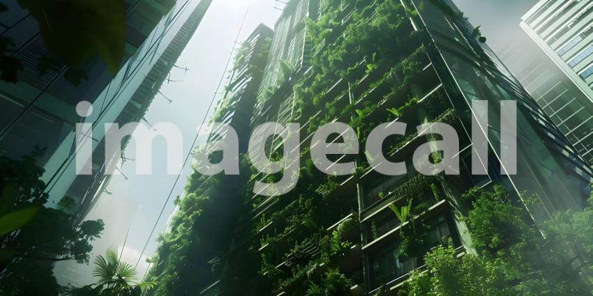 Innovative Green Architecture with Dense Plant Life on Skyscraper background - Ai Generated