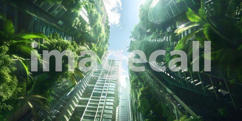 Innovative Green Architecture with Dense Plant Life on Skyscraper background - Ai Generated