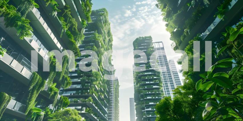Innovative Green Architecture with Dense Plant Life on Skyscraper background - Ai Generated