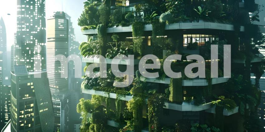 Innovative Green Architecture with Dense Plant Life on Skyscraper background - Ai Generated