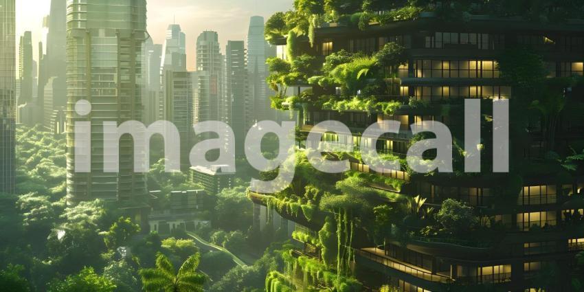 Innovative Green Architecture with Dense Plant Life on Skyscraper background - Ai Generated
