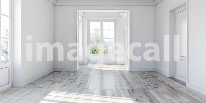 Interior of empty living room with white walls and laminated floor background - Ai Generated