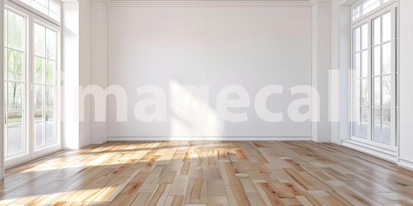 Interior of empty living room with white walls and laminated floor background - Ai Generated