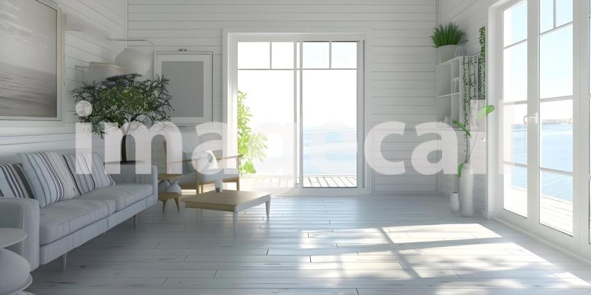 Interior of empty living room with white walls and laminated floor background - Ai Generated