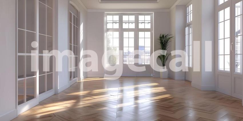 Interior of empty living room with white walls and laminated floor background - Ai Generated