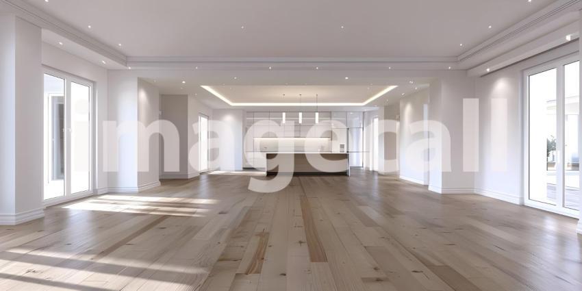 Interior of empty living room with white walls and laminated floor background - Ai Generated