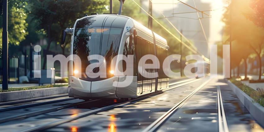 Modern tram runs on tramway track background - Ai Generated