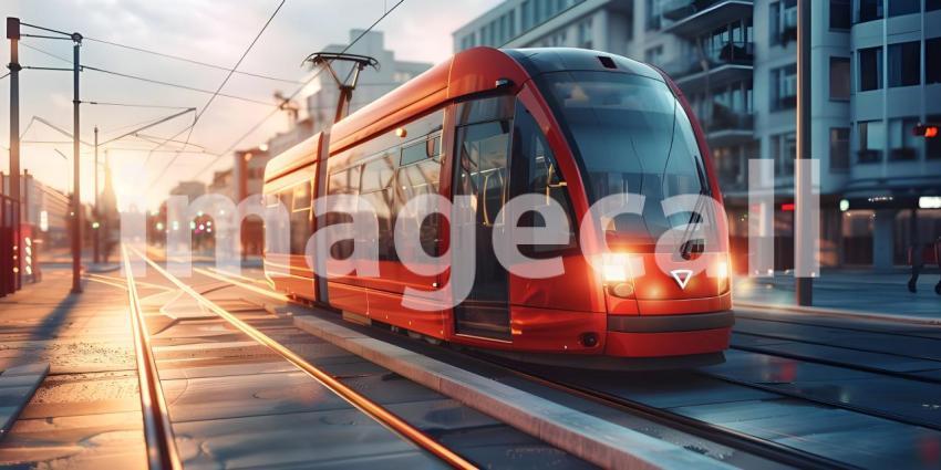 Modern tram runs on tramway track background - Ai Generated