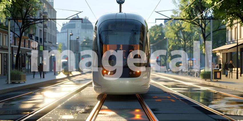 Modern tram runs on tramway track background - Ai Generated