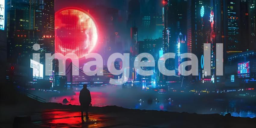 Neon city capital towers with futuristic technology background - Ai Generated