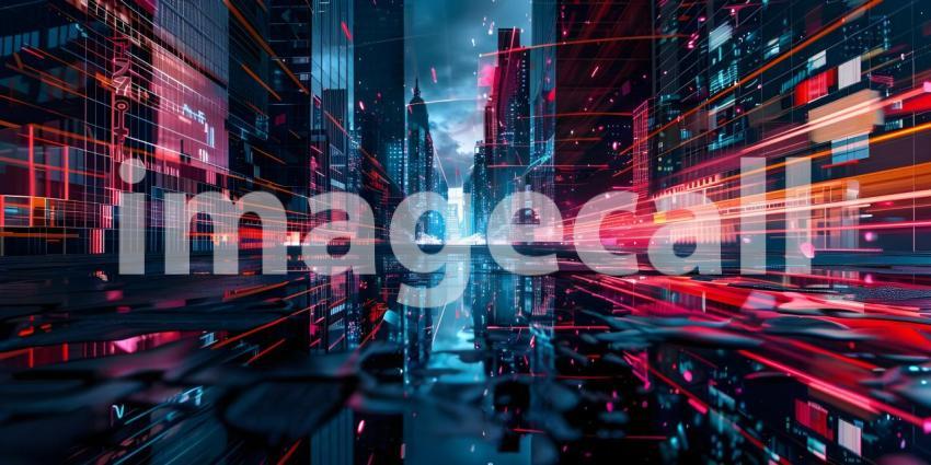 Neon city capital towers with futuristic technology background - Ai Generated