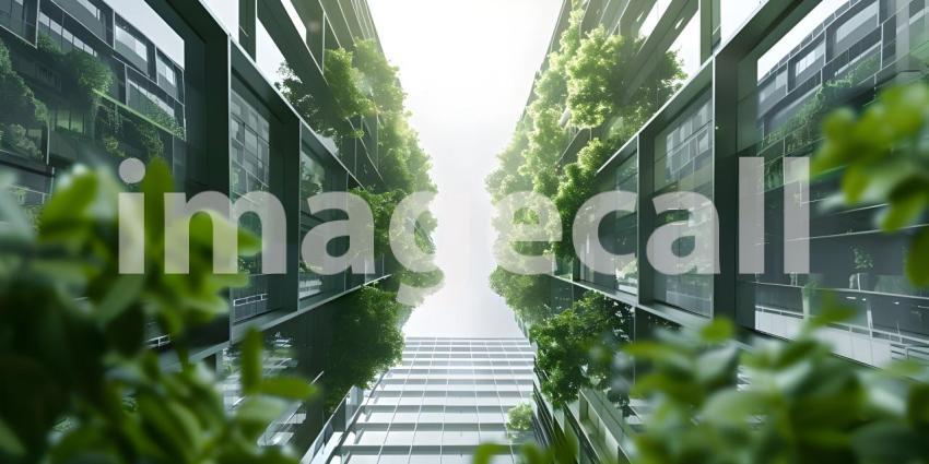 Innovative Green Architecture with Dense Plant Life on Skyscraper background - Ai Generated