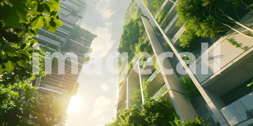 Innovative Green Architecture with Dense Plant Life on Skyscraper background - Ai Generated