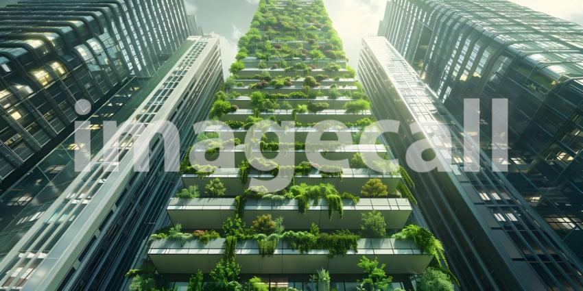 Innovative Green Architecture with Dense Plant Life on Skyscraper background - Ai Generated